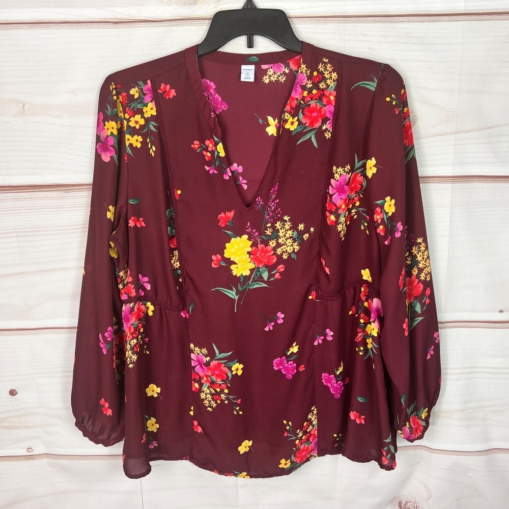Old Navy Top Womens 2X Red Floral Print Blouse V-Neck Long Sleeve Pullover Woven